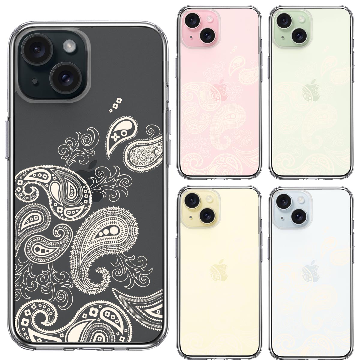 iPhone15ケース iPhoneカバー 側面ソフト 背面ハード ハイブリッド クリア ケース ペイズリー 柄 クリーム色の画像