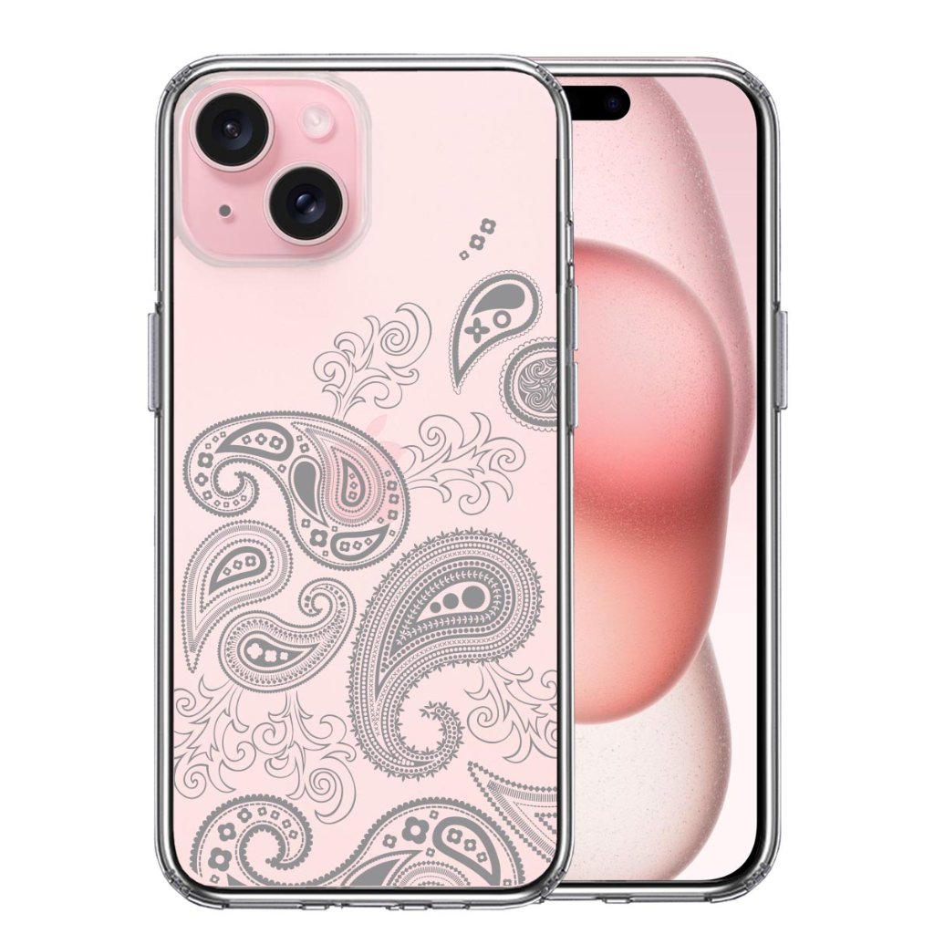 iPhone15ケース iPhoneカバー 側面ソフト 背面ハード ハイブリッド クリア ケース ペイズリー 柄  グレイ色の画像