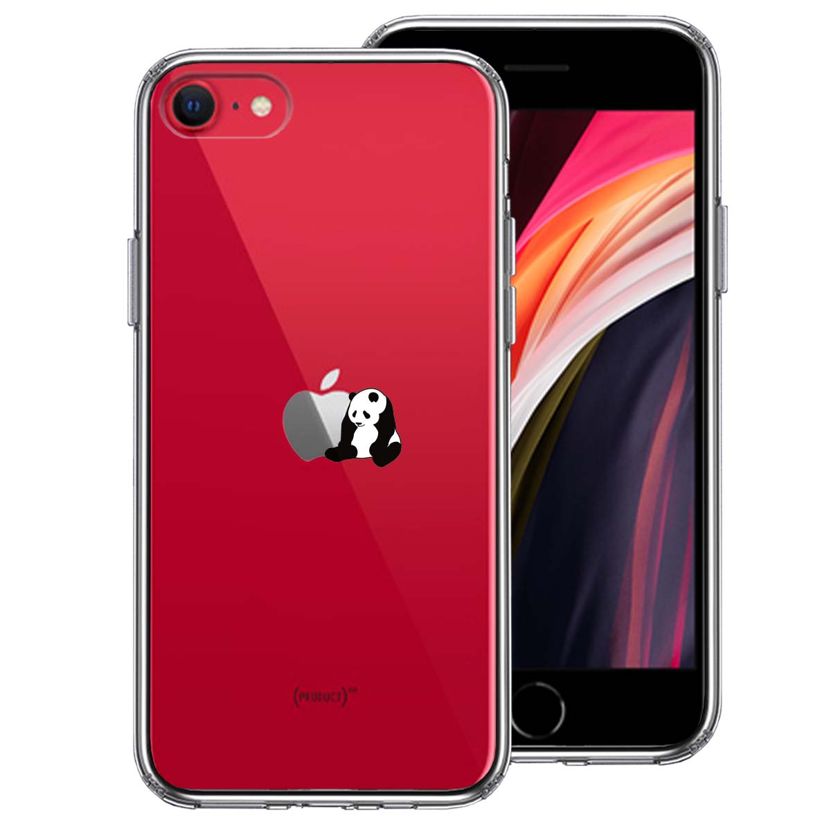 iPhoneSE(第3 第2世代) 側面ソフト 背面ハード ハイブリッド クリア ケース パンダ りんごにもたれるの画像