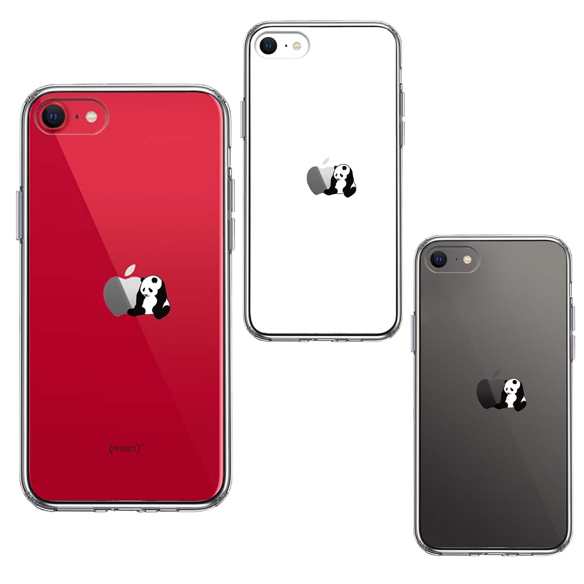 iPhoneSE(第3 第2世代) 側面ソフト 背面ハード ハイブリッド クリア ケース パンダ りんごにもたれるの画像
