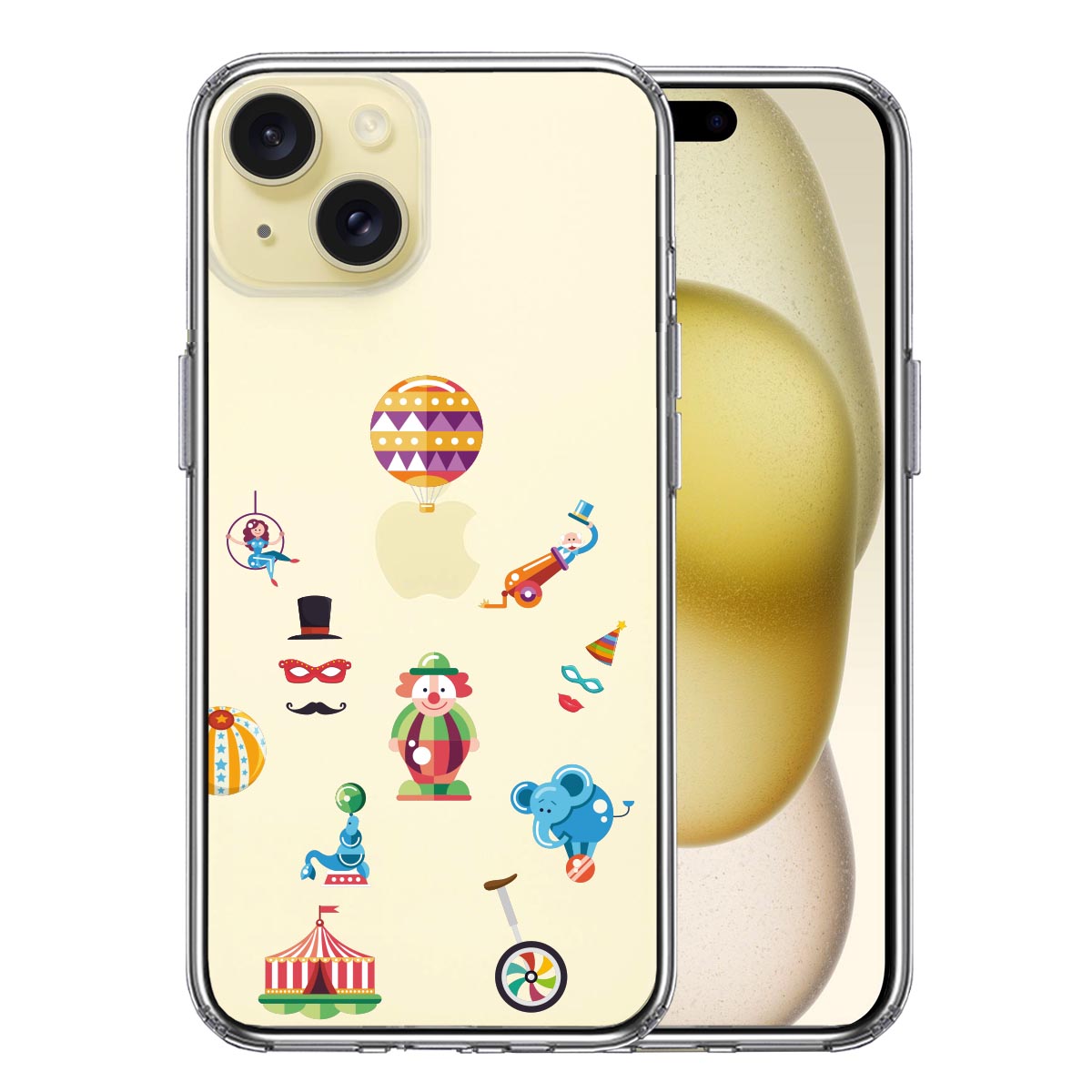 iPhone 15 Plus 側面ソフト 背面ハード ハイブリッド クリア ケース サーカス ピエロ ぶらんこの画像