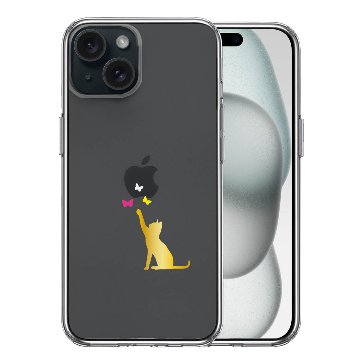 iPhone15 側面ソフト 背面ハード ハイブリッド クリア ケース 蝶々 気になる 猫 ネコ ゴールドの画像
