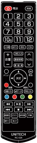 ユニテク純正テレビ用リモコン：RC-026の画像