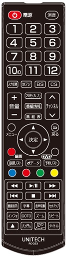 ユニテク純正テレビ用リモコン：RC-023の画像