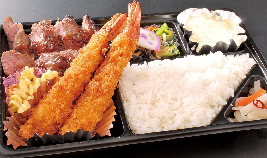 葡萄牛ステーキ＆肉厚エビフライ弁当の画像