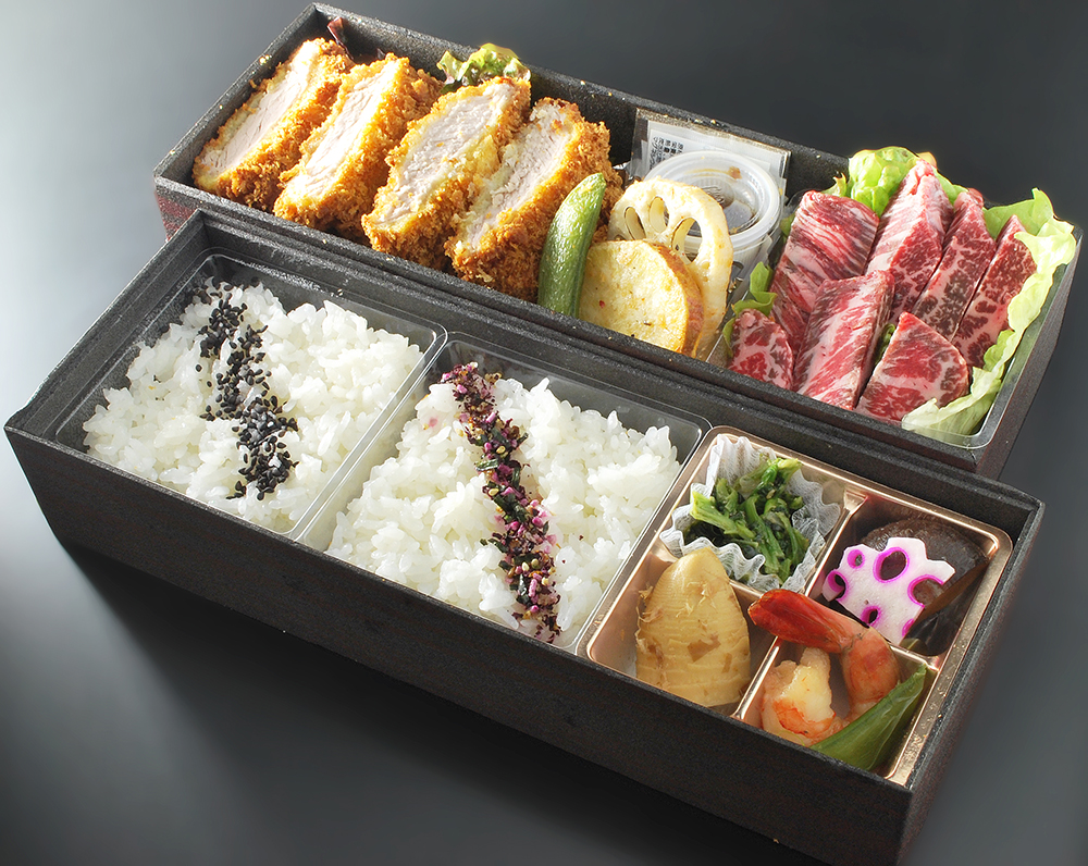 【年末セール！】黒毛和牛ステーキとタレ漬熟成豚ヒレカツ弁当の画像