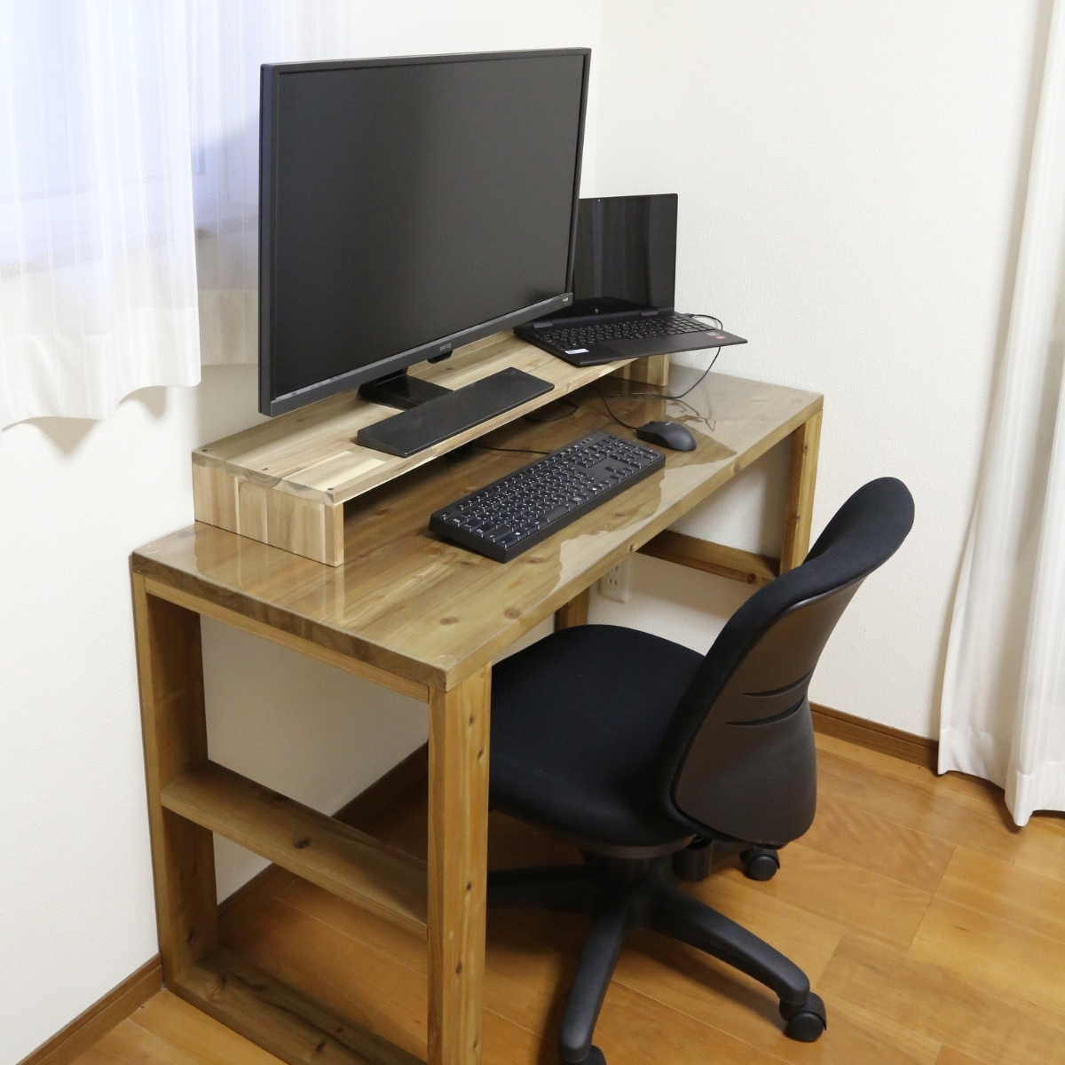 アカシア集成材 デスクシェルフ（板厚18ｍｍ）幅410〜500ｍｍ×高さ70〜150ｍｍ×奥行210〜300ｍｍ 【受注生産】の画像