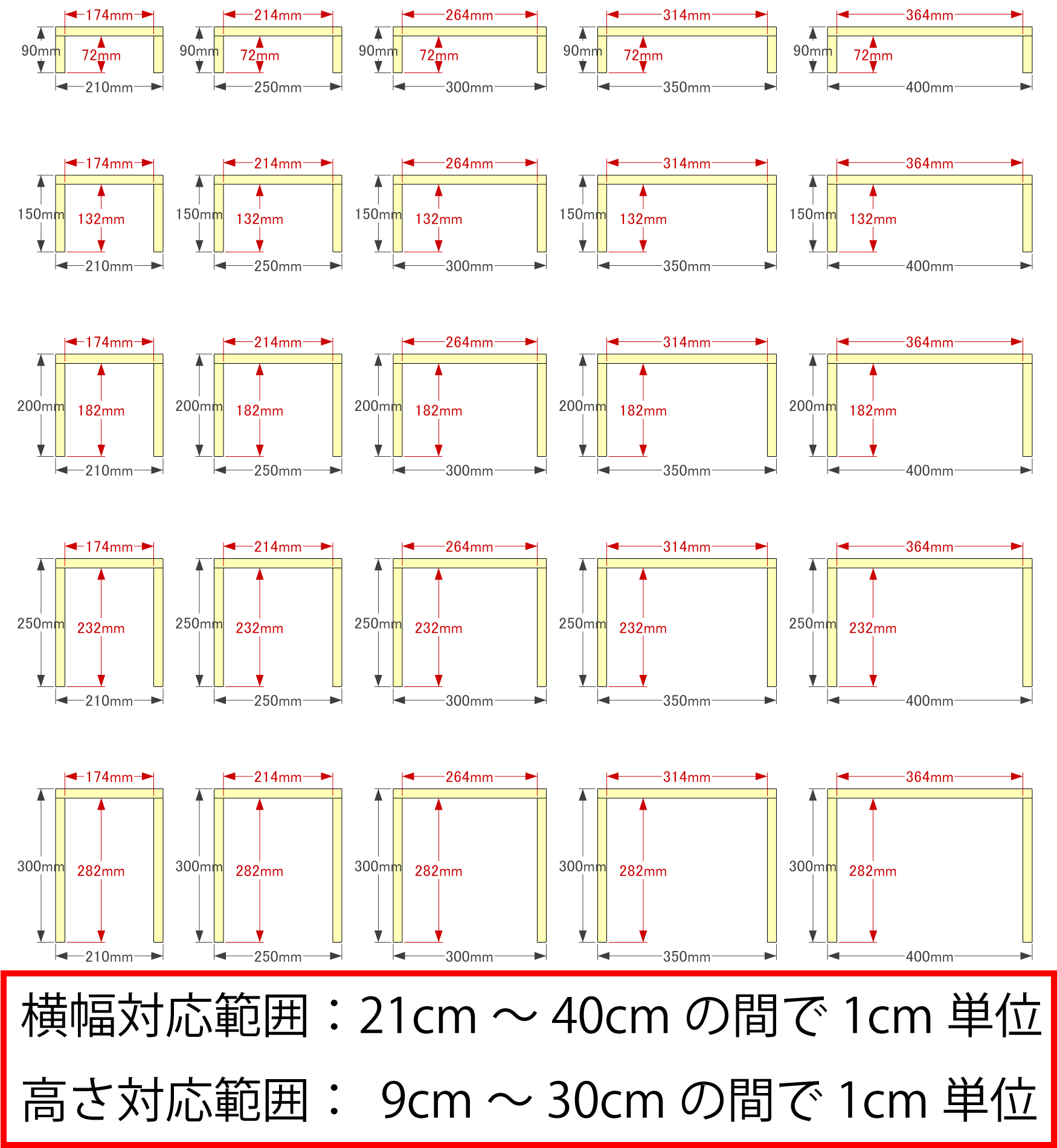 アカシア集成材 コの字 ラック（板厚18ｍｍ）幅310〜400ｍｍ×高さ110〜200ｍｍ×奥行250ｍｍ【受注生産】の画像