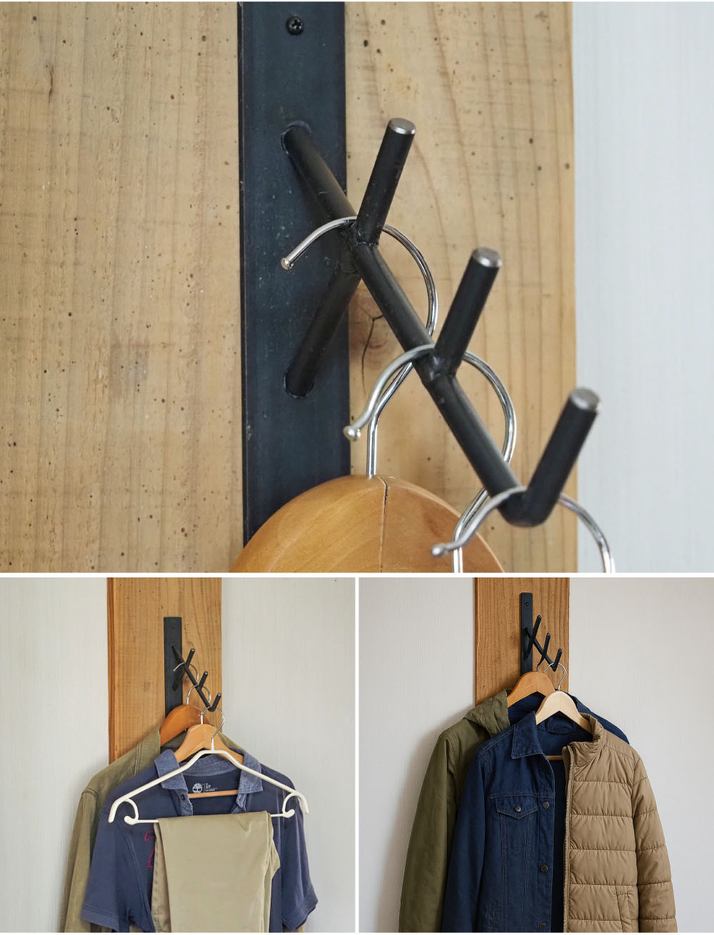 アイアン ハンガーフック 3連 3段 3着用 黒皮鉄 ワックス仕上げ 壁掛け 壁付け ハンガーラック 壁面収納 インダストリアル おしゃれ ブラック 黒 ウォールハンガー ディスプレイ コートフックの画像