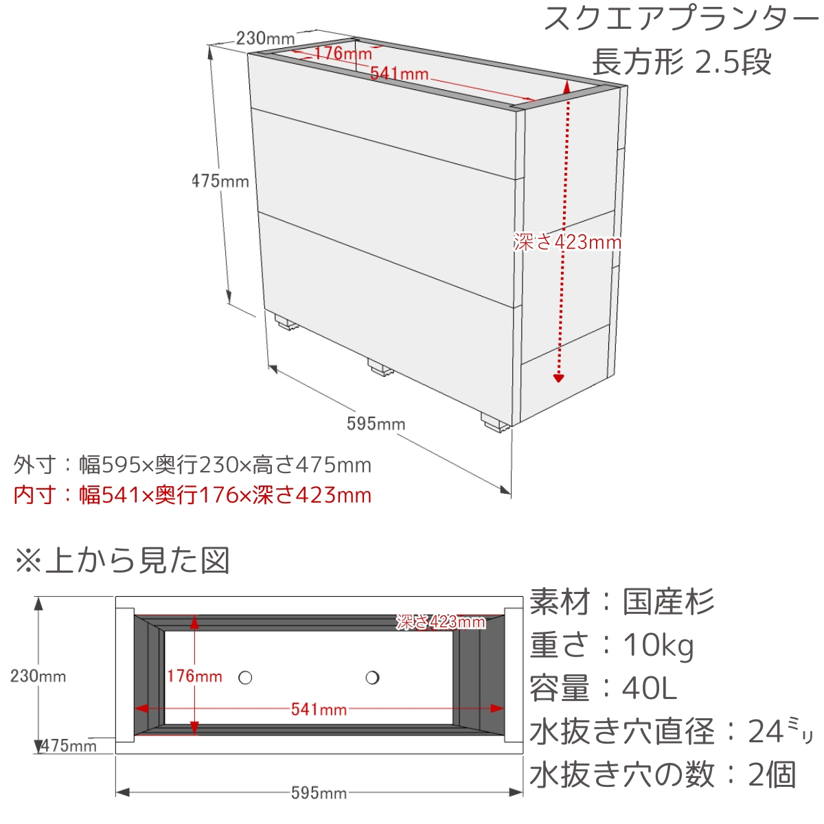 スクエアプランター長方形（2.5段） 幅59.5cm×奥行23cm×高さ47.5cm/深さ42.3cm 容量40Lの画像