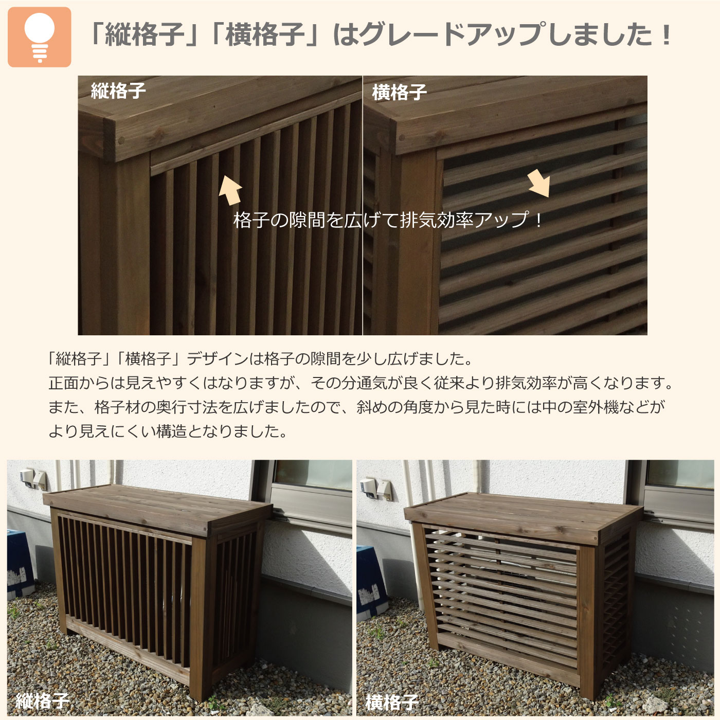 室外機カバー◇国産杉 デザイン：横格子/縦格子/格子B/斜め格子 内寸：幅1010〜1100×高さ610〜700×奥行510〜600ｍｍ 【受注生産】の画像