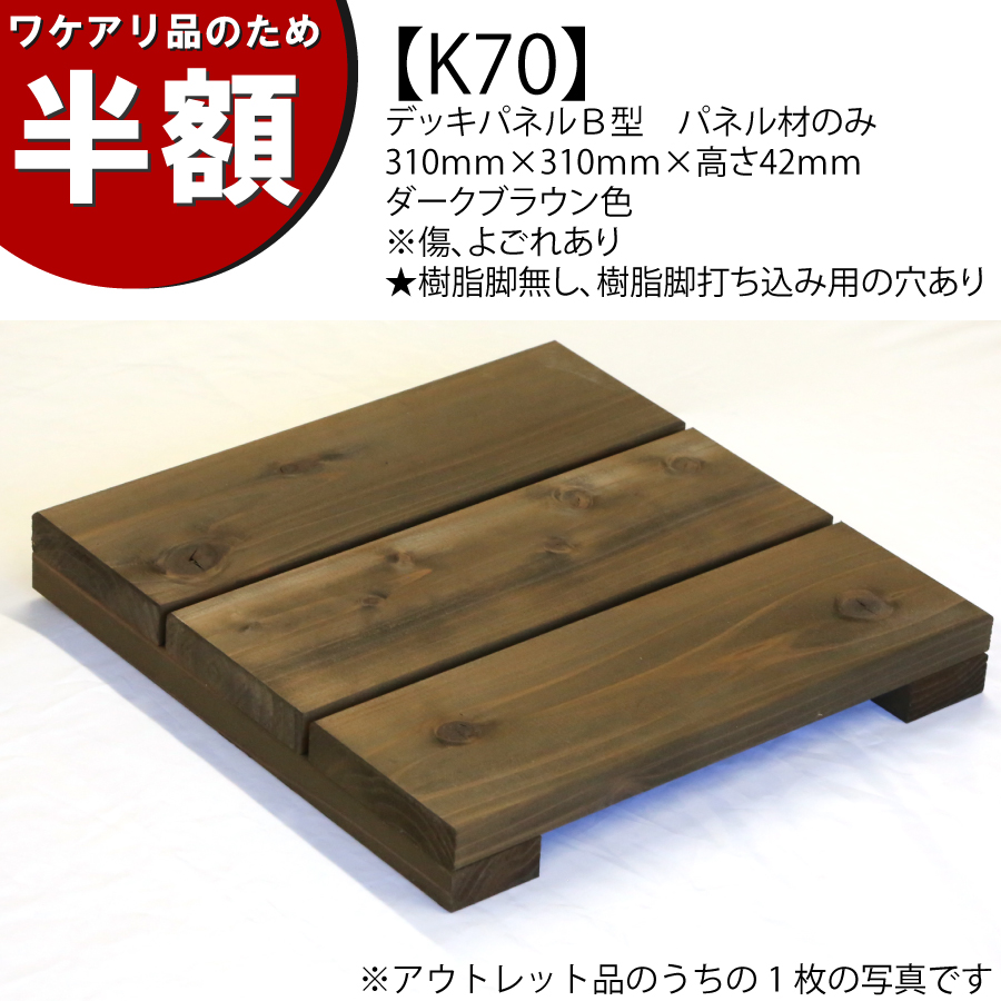 【ワケアリのため半額】【アウトレットK70】デッキパネルＢ型　パネル材のみ　310ｍｍ×310ｍｍ×高さ42ｍｍ　ダークブラウン色　※傷、よごれあり　★樹脂脚無し、樹脂脚打ち込み用の穴ありの画像