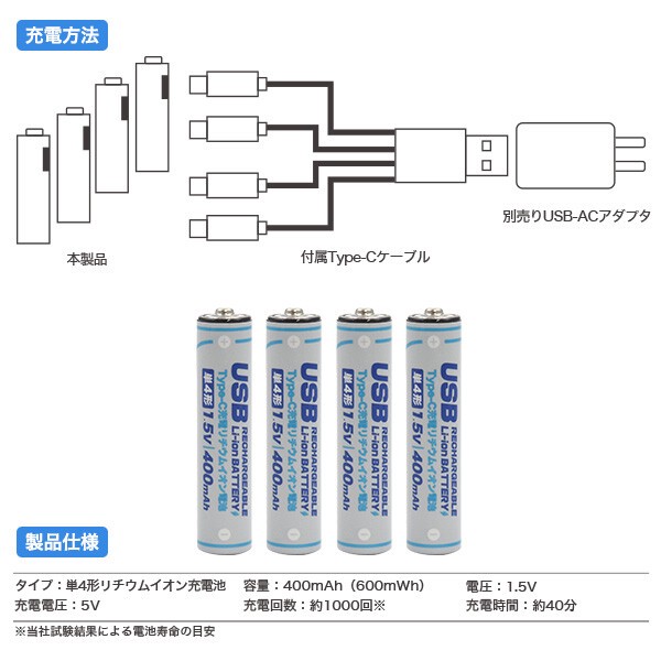 画期的！Type-Cケーブルでダイレクトに充電！　Type-C充電リチウムイオン充電池(単4形×4本セット)の画像