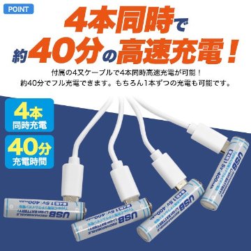 画期的！Type-Cケーブルでダイレクトに充電！　Type-C充電リチウムイオン充電池(単4形×4本セット)の画像